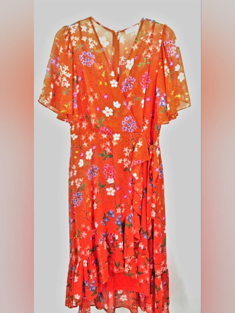 Calvin Klein Orange Floral Wrap Midi Dress